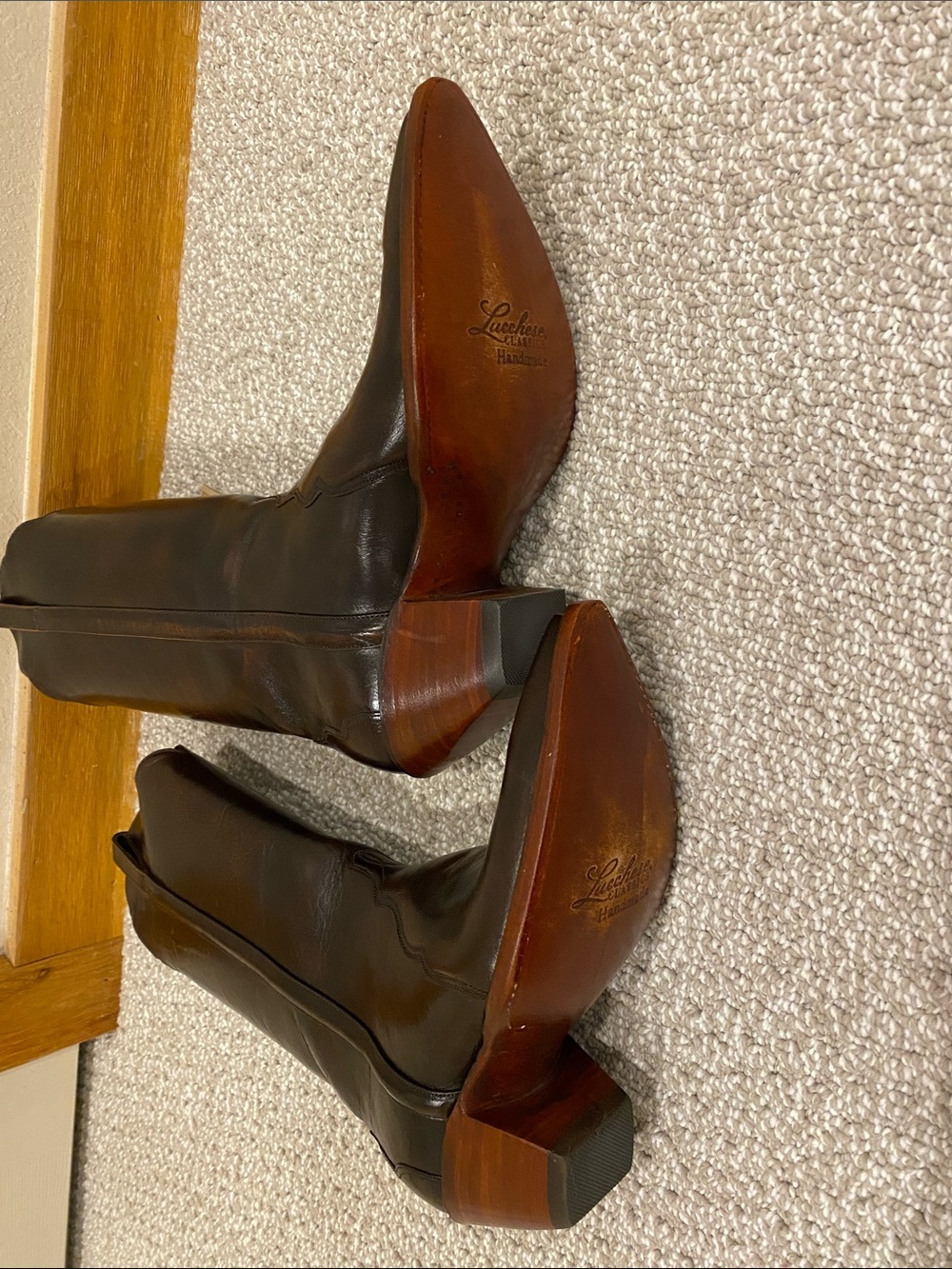 Lucchese Black Leather Western Heeled Boots with Brown Soles - Picture 5 of 7
